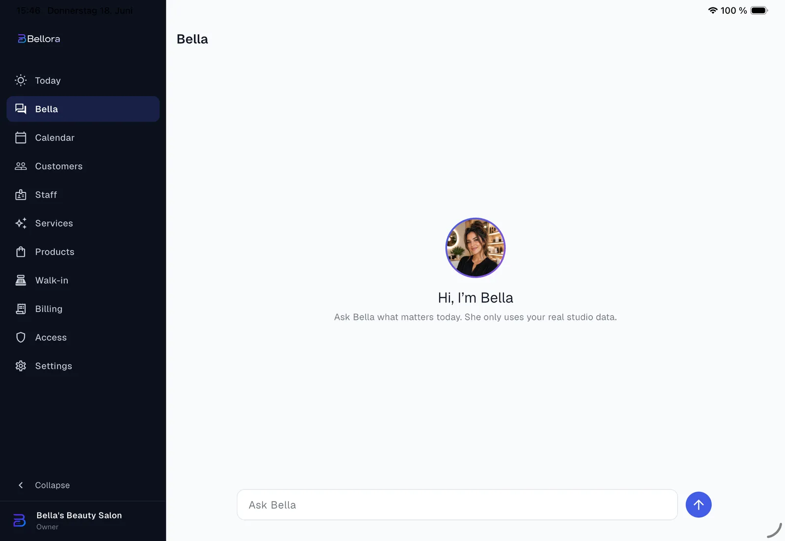 The Bella chat in Bellora on the iPad with a greeting and an input field