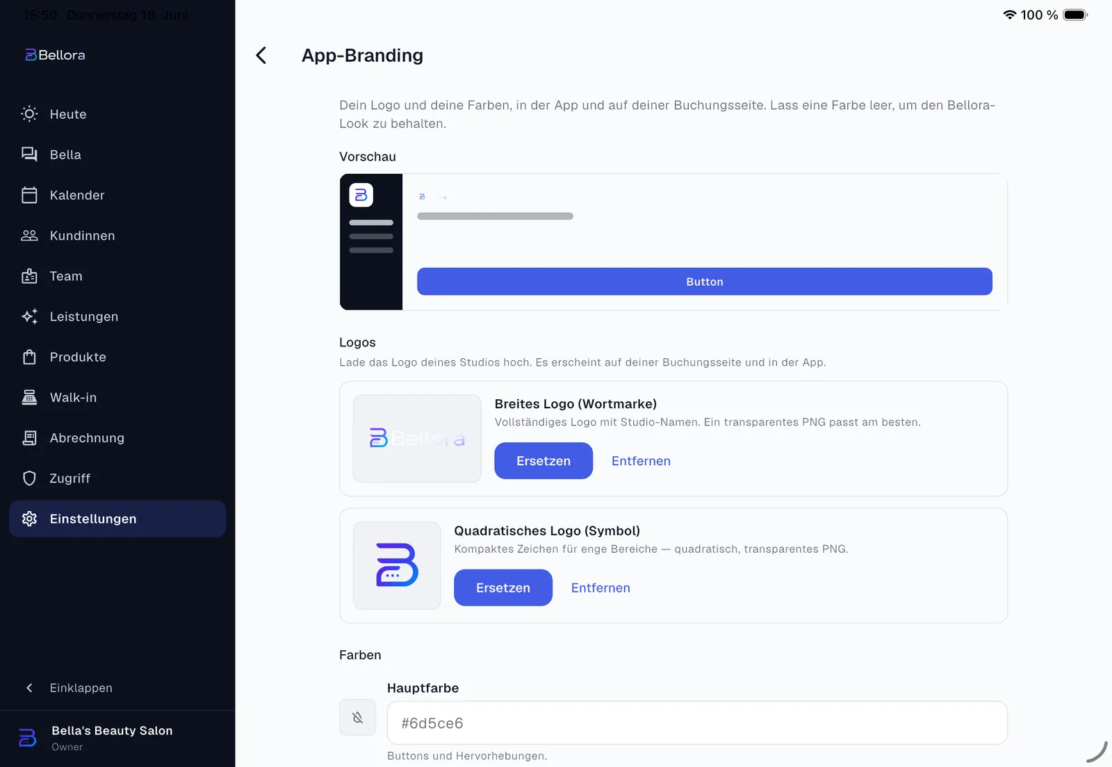Das App-Branding in Bellora auf dem iPad mit Logo-Upload und Hauptfarbe
