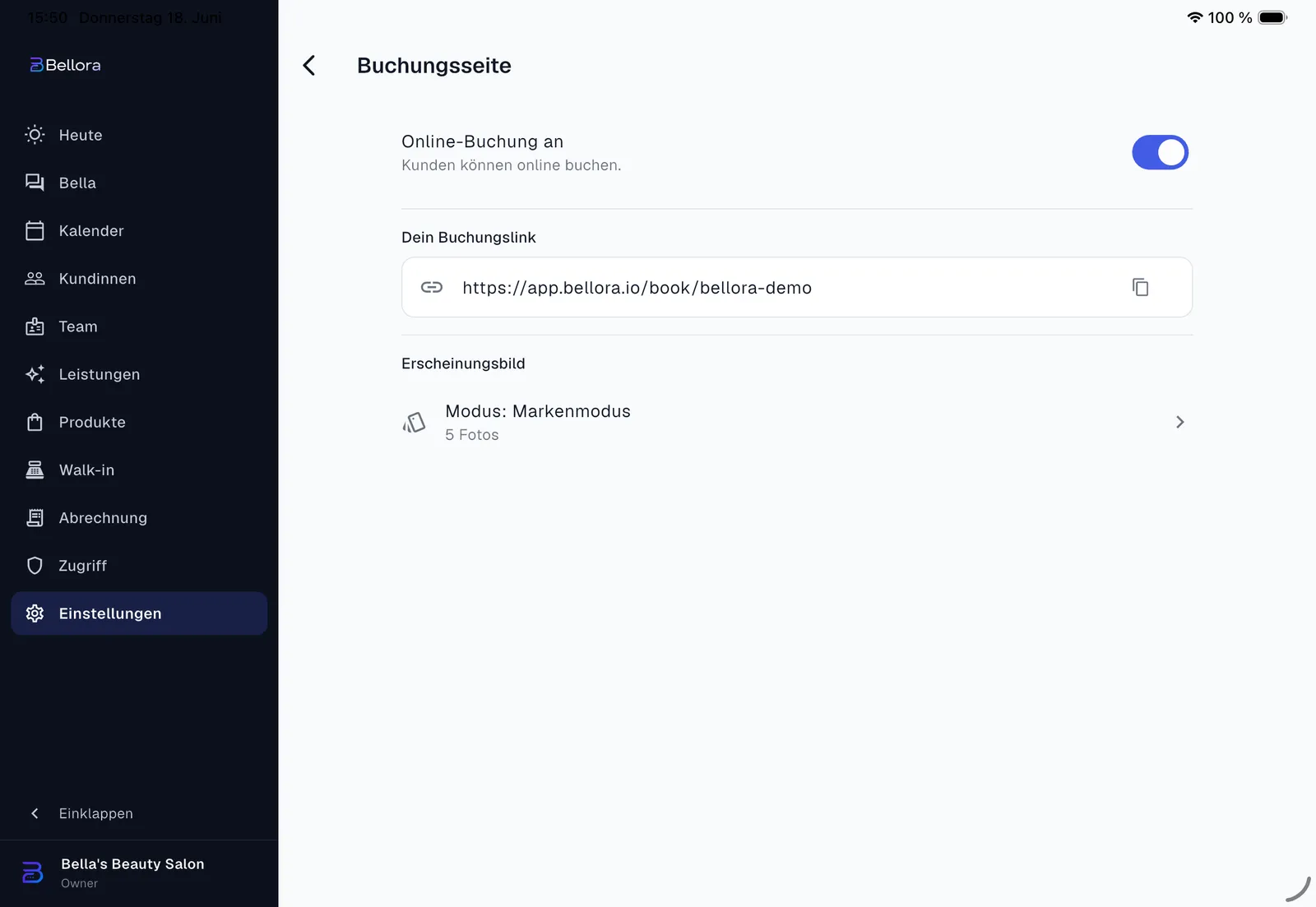 Die Einstellungen der öffentlichen Buchungsseite in Bellora auf dem iPad