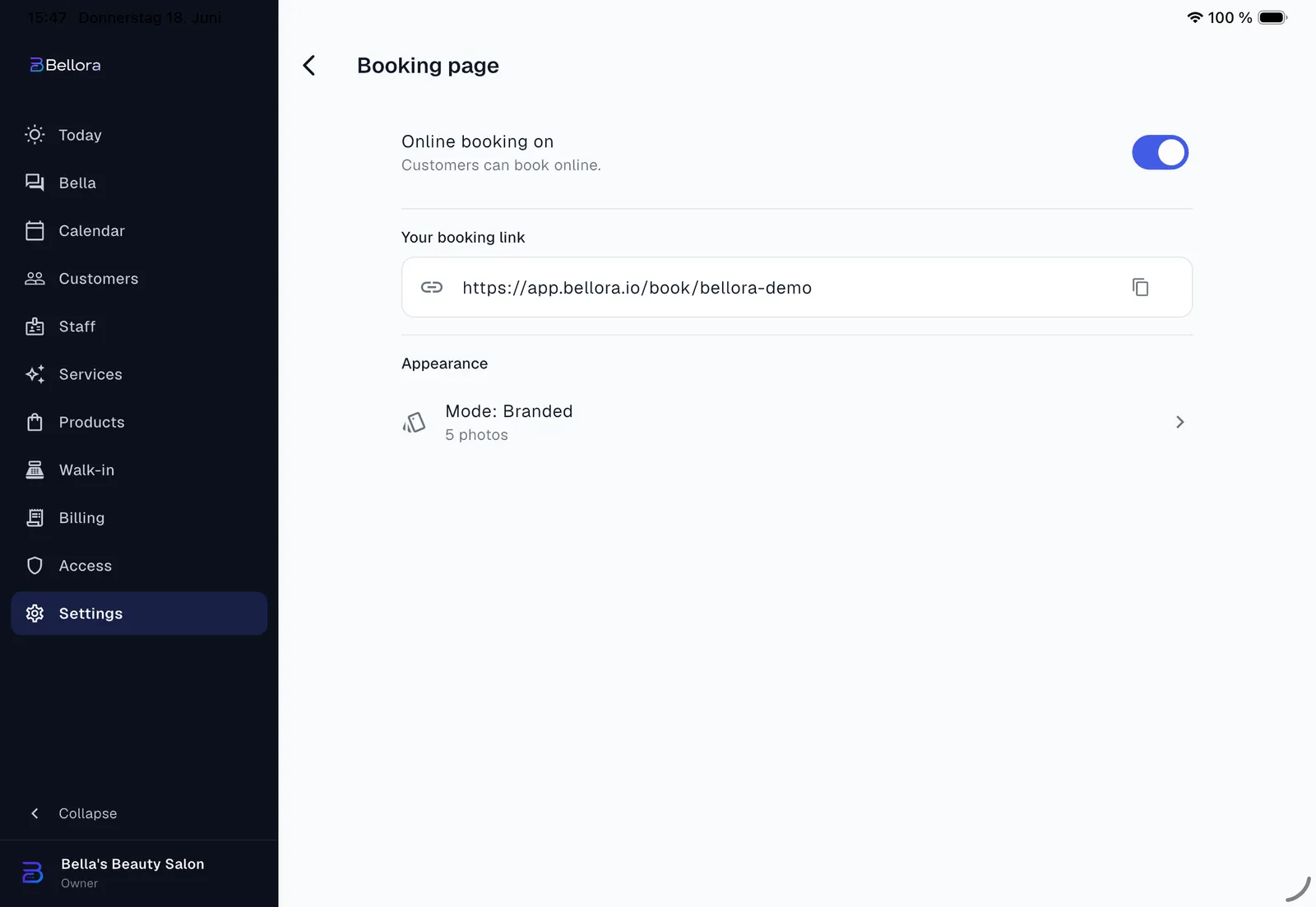 The settings of the public booking page in Bellora on the iPad