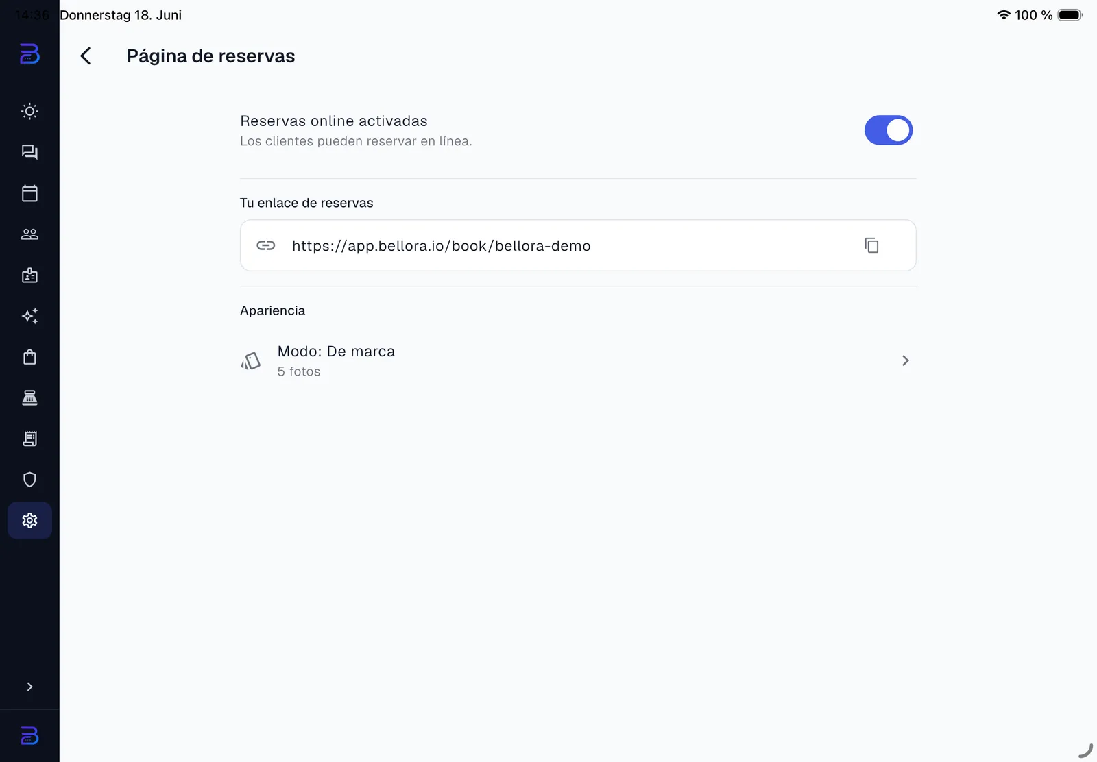 Los ajustes de la página pública de reservas en Bellora en el iPad