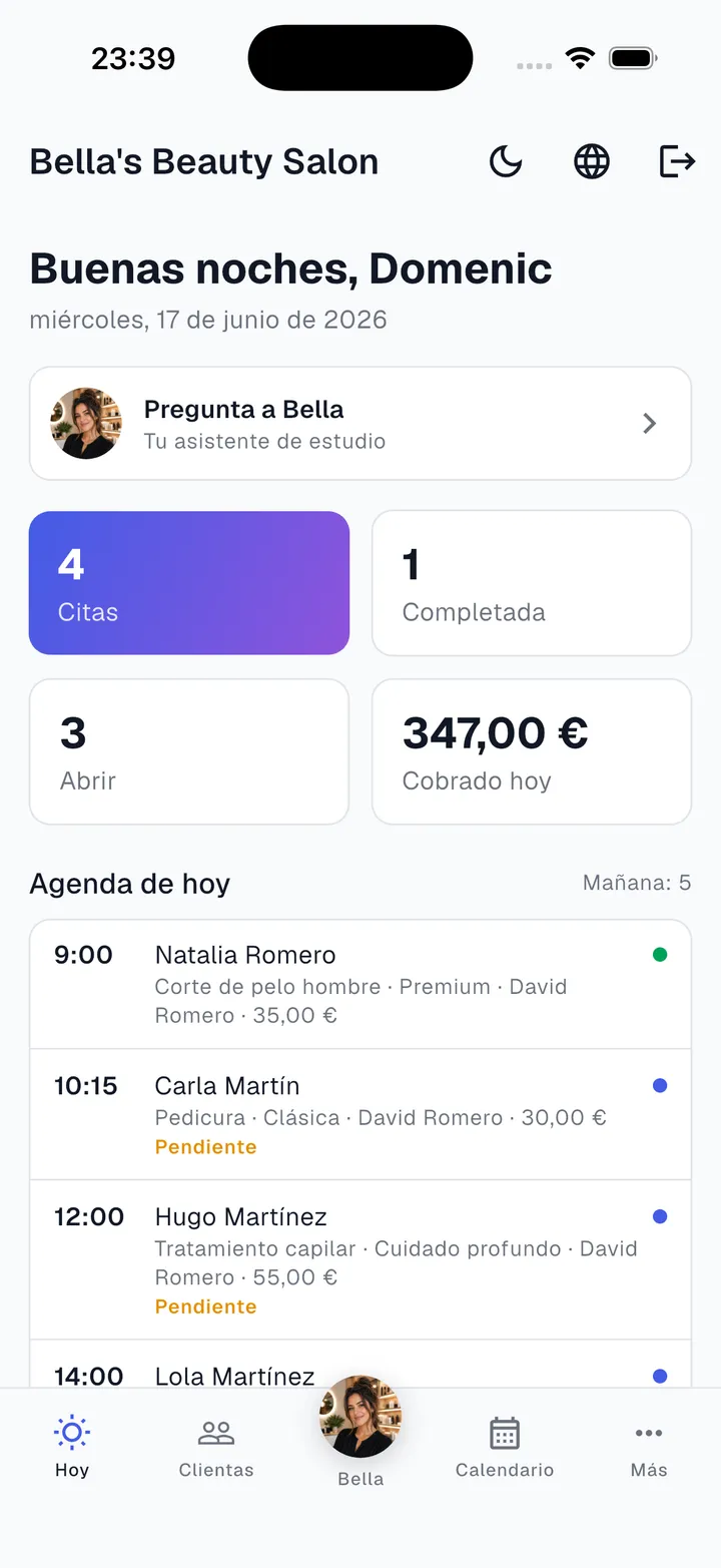 Bellora en el iPhone con barra de navegación inferior y resumen del día