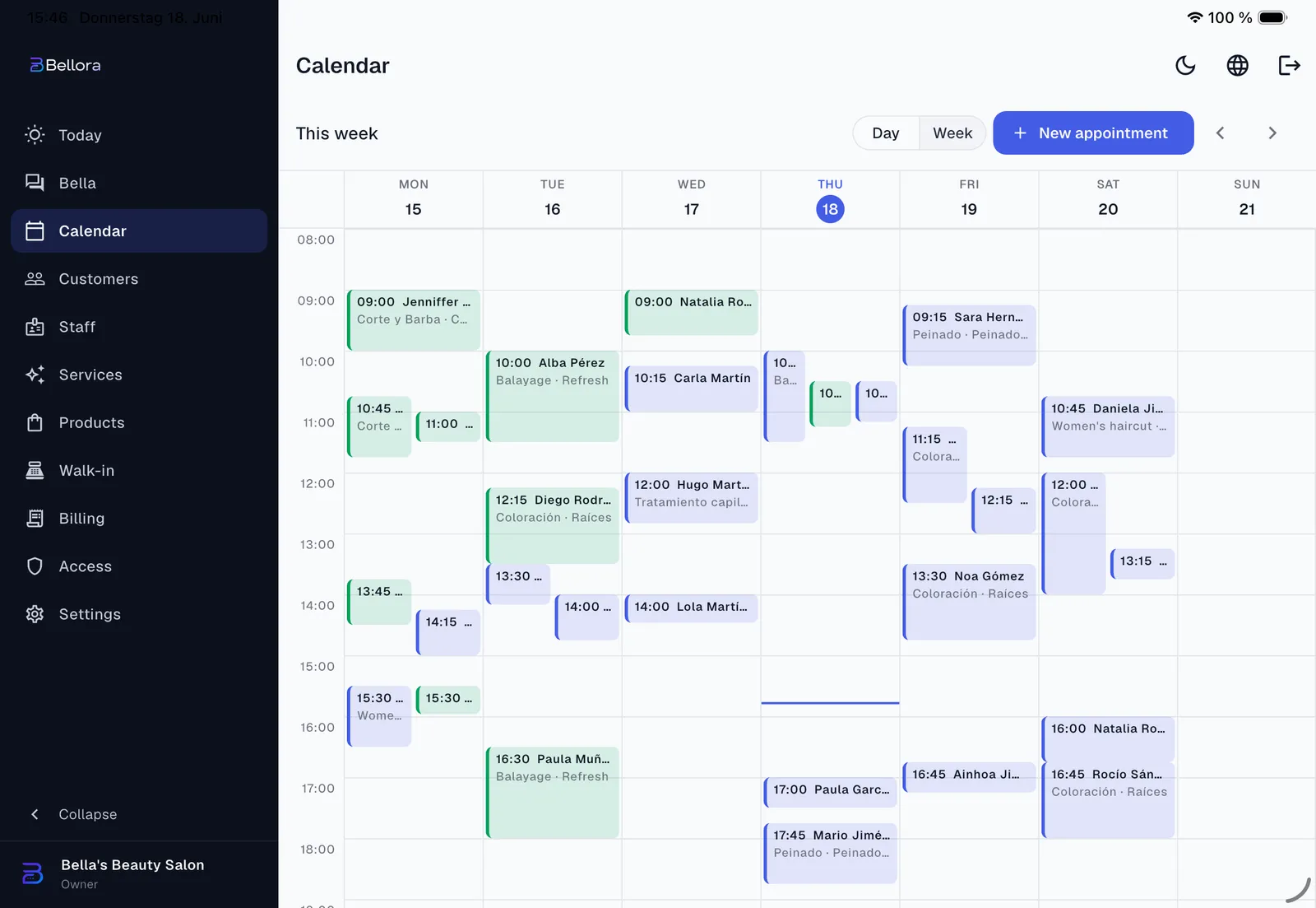 The week grid of the calendar in Bellora on the iPad with colored appointment bars