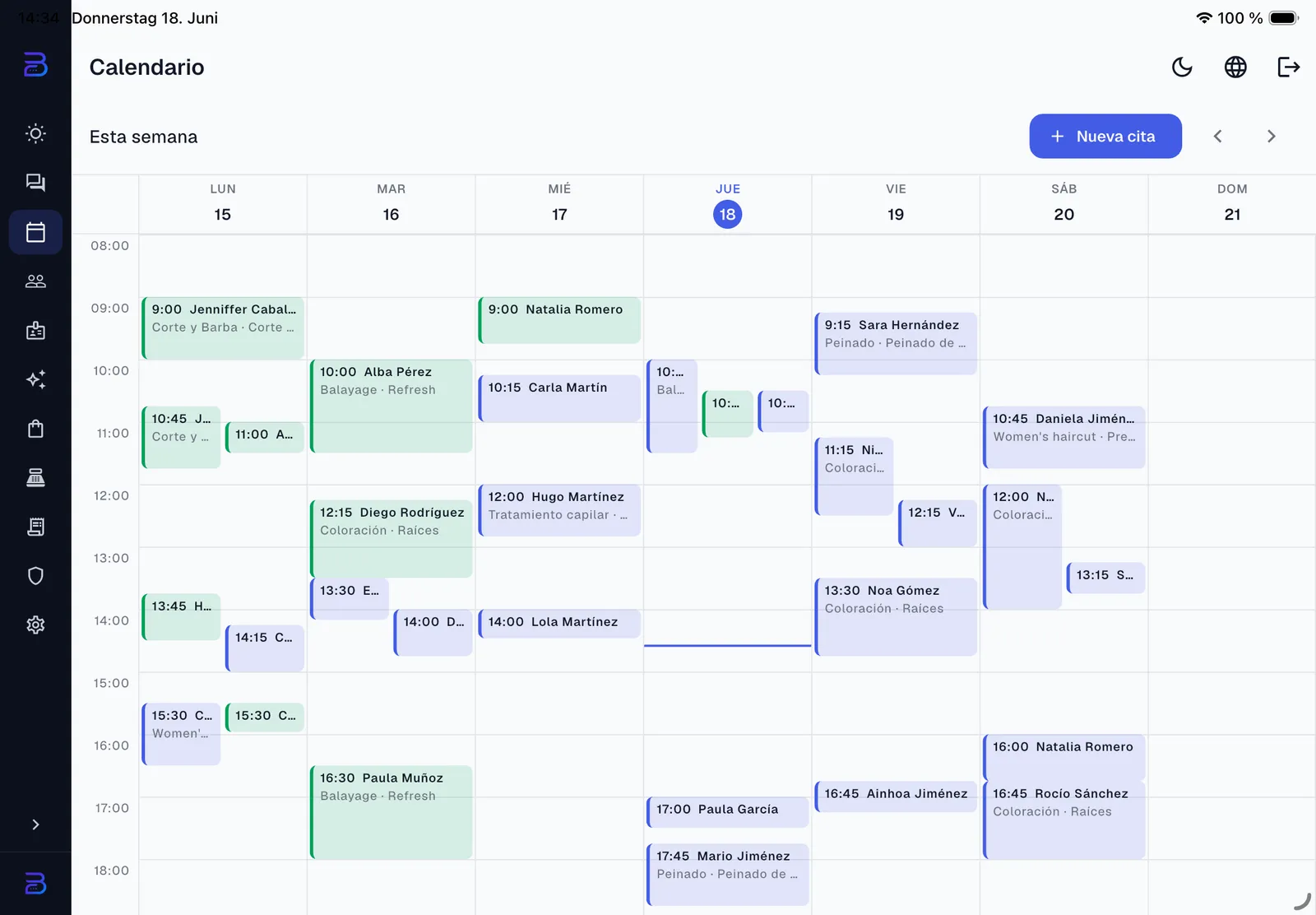 La cuadrícula semanal del calendario en Bellora en el iPad con barras de cita de colores