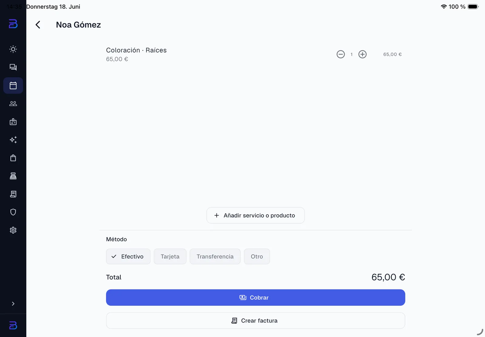 La pantalla de venta en Bellora en el iPad con carrito, forma de pago e importe