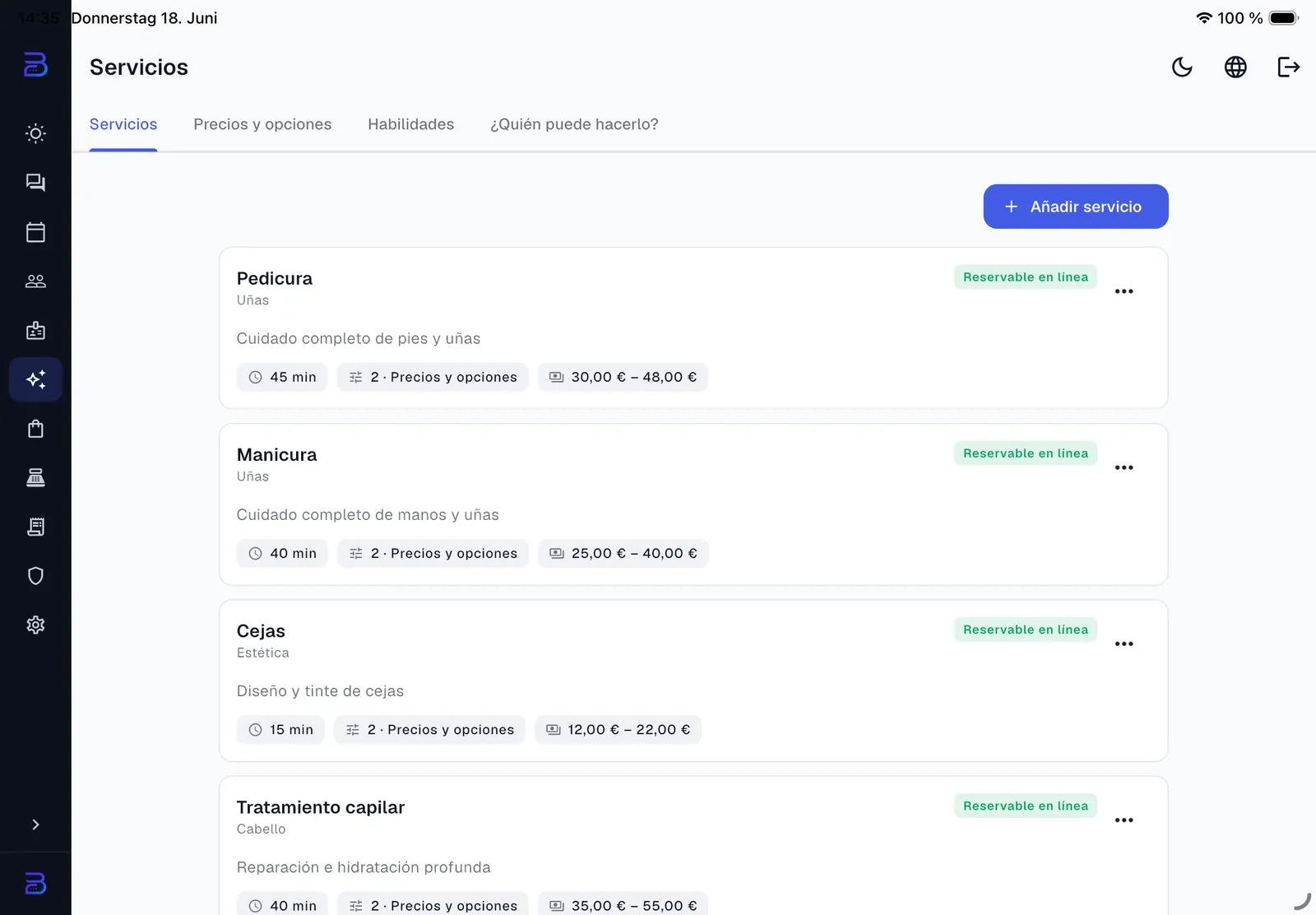 El catálogo de servicios en Bellora en el iPad con variantes, precios y pestañas