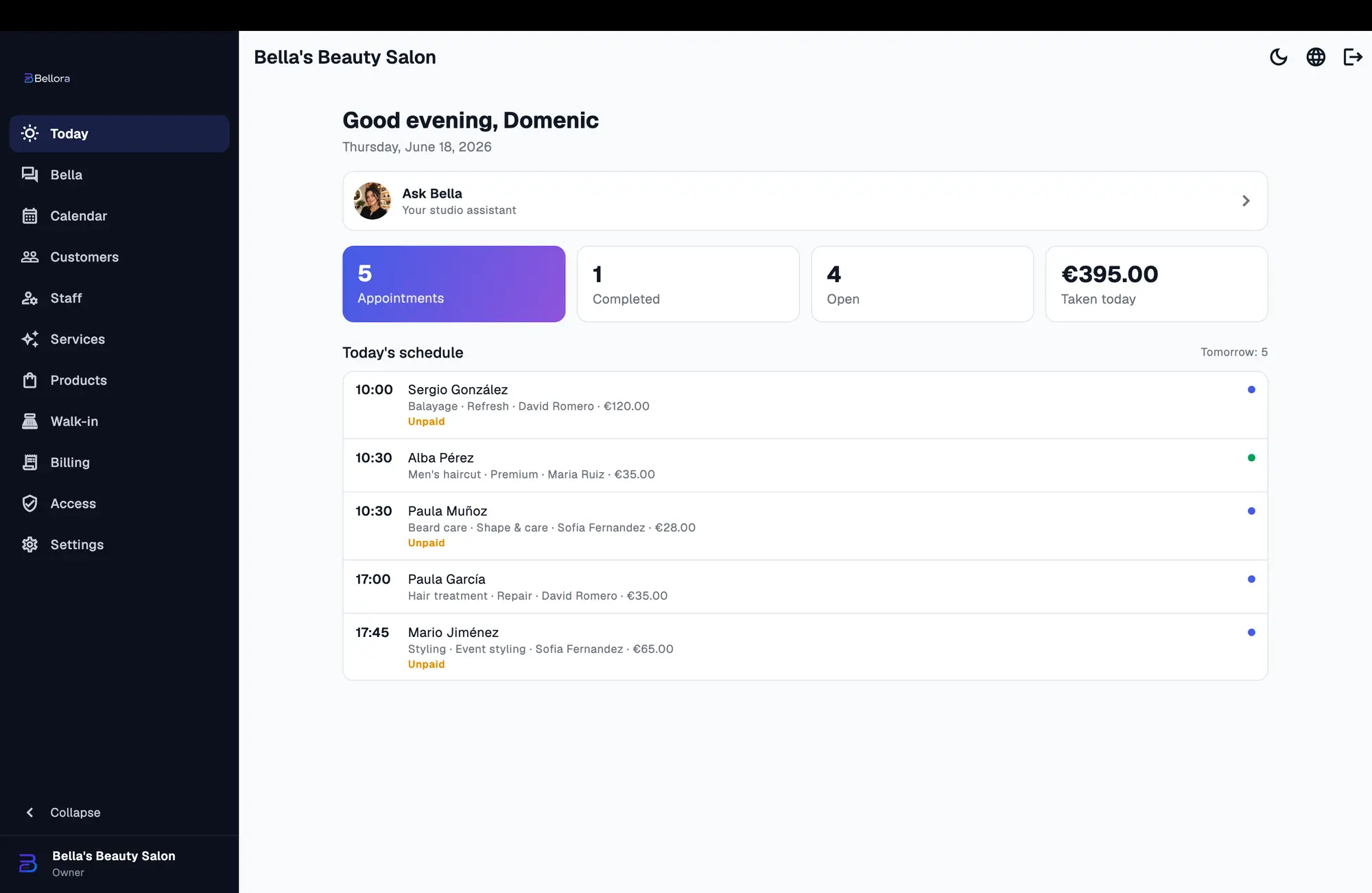 Bellora on the Mac with a sidebar and the Today overview
