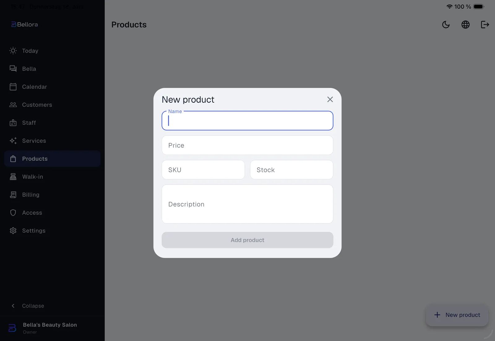 Adding a product in Bellora on the iPad with name, price, SKU and stock