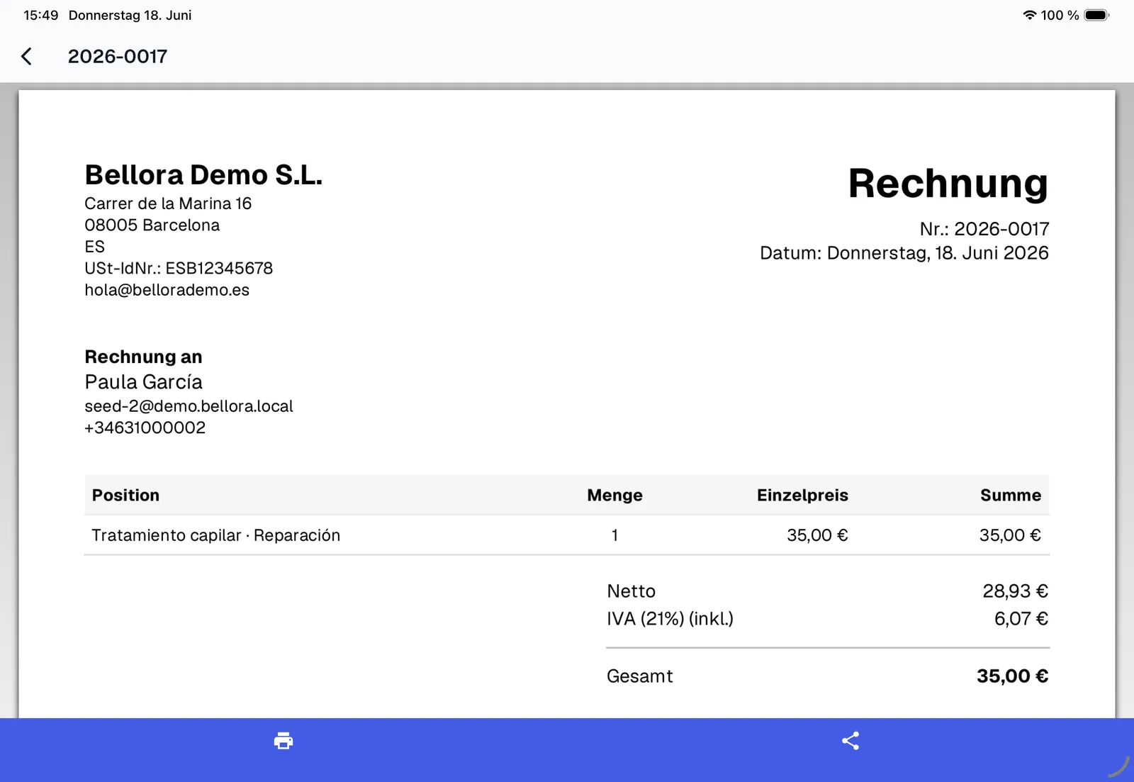 Eine fertige, gebrandete Rechnung in Bellora auf dem iPad mit Steuerausweis