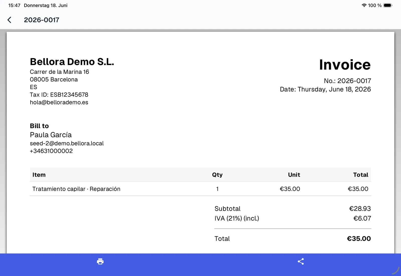 A finished, branded invoice in Bellora on the iPad with the tax breakdown