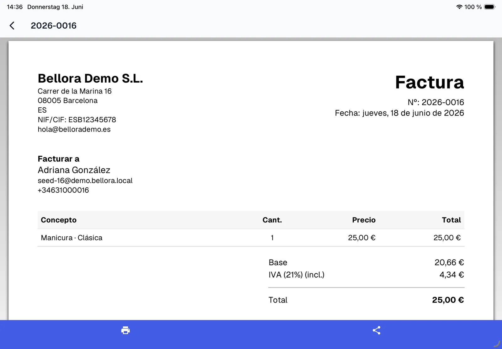 Una factura terminada y con tu marca en Bellora en el iPad con el desglose de impuestos