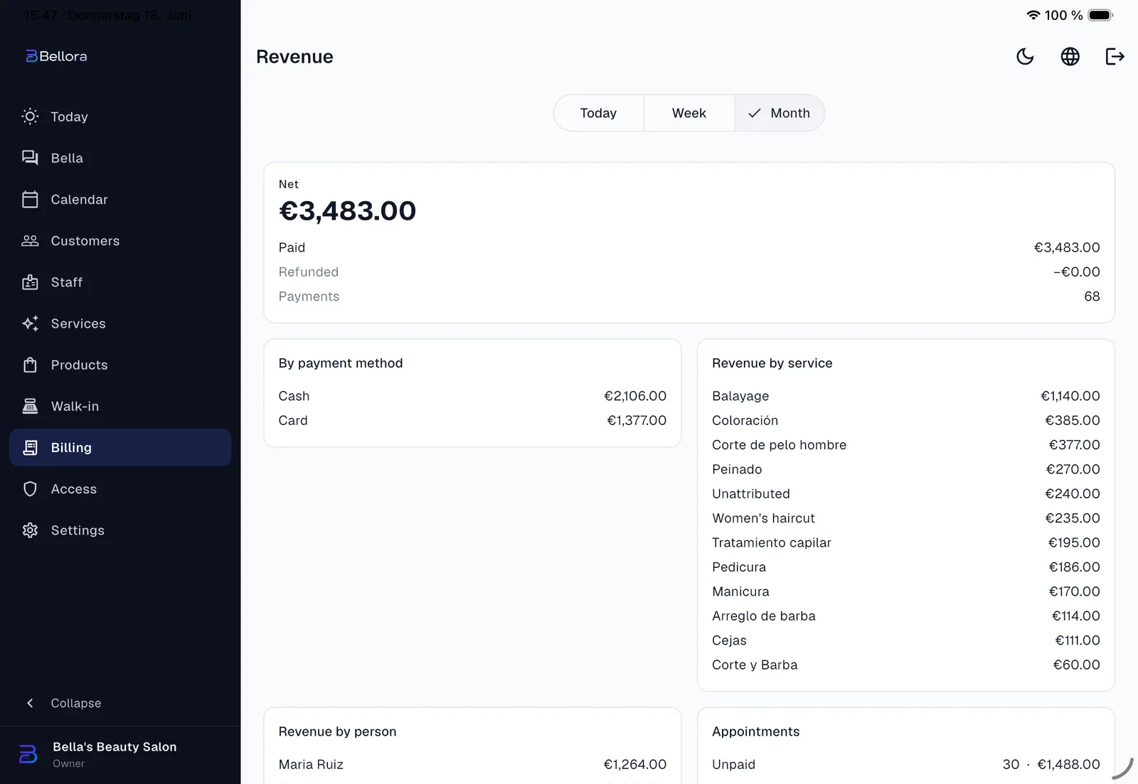 The revenue overview in Bellora on the iPad with net revenue and breakdown